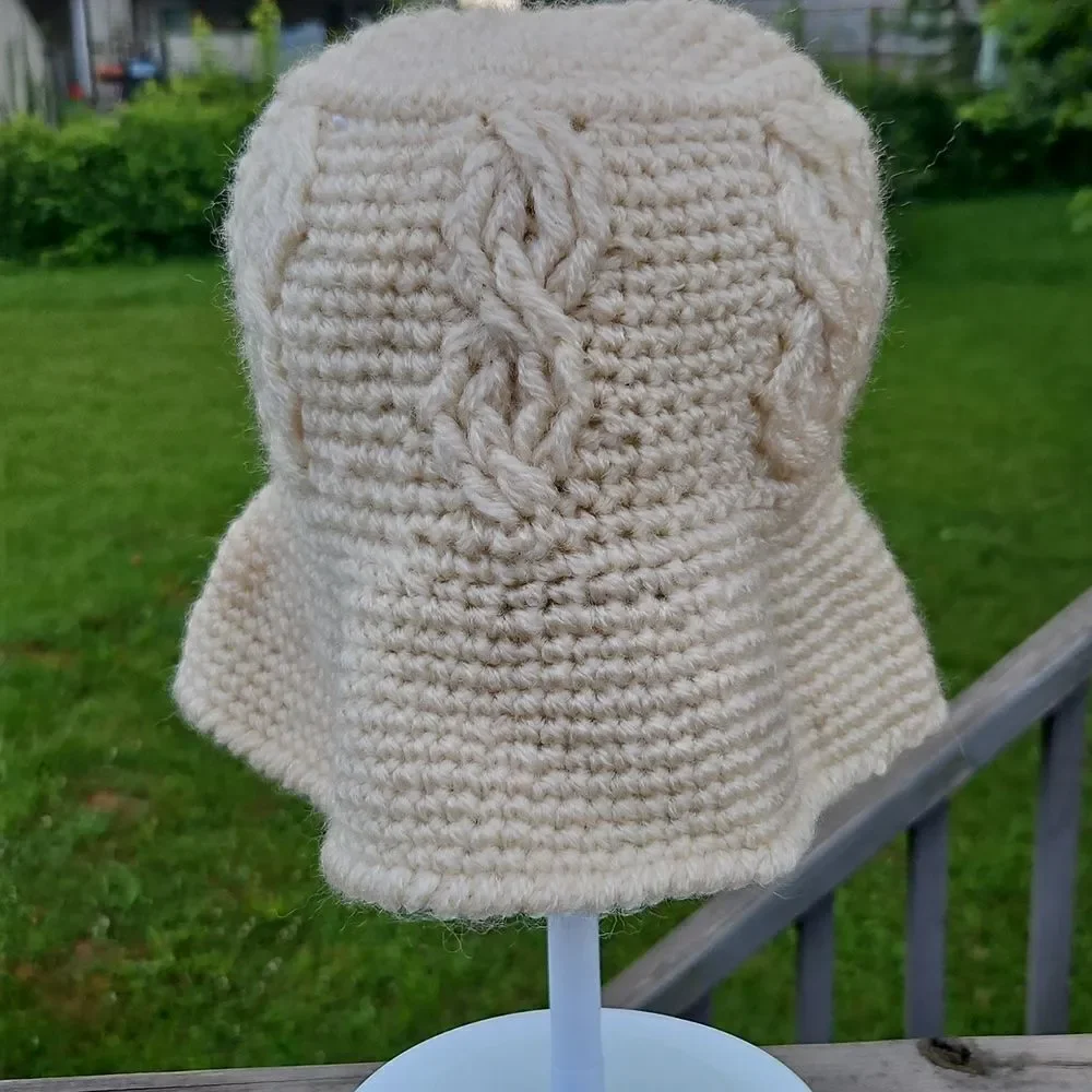Vintage Cream Crochet Bucket Hat | Handmade Acrylic Cable Knit Style - Picture 2 of 7